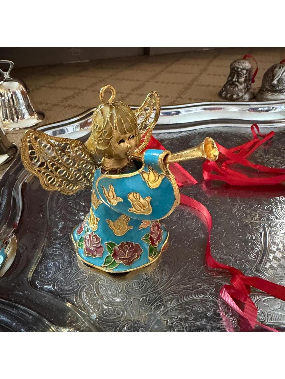 Vintage hand painted Gold and Blue Angel Ornament Bell.